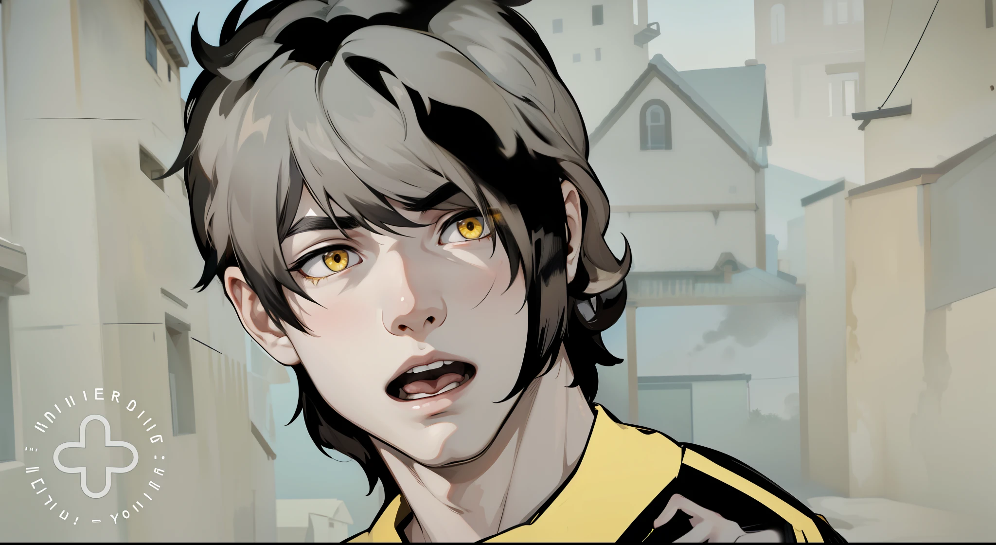 He speaks with his mouth open He is yawning 17 year old boy Black hair and yellow eyes He is asking something with some pain, in the background you can see a house in a town