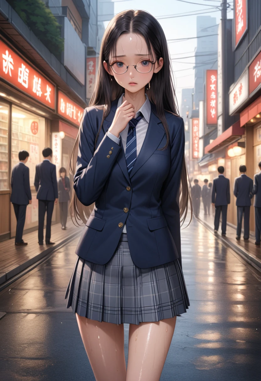 ((masterpiece,Highest quality:1.3,best illustration,realistic:0.8)),cowboy shot,1woman、独奏,25 year old Japanese beauty,((very small head:1.3)),center parted bangs,forehead,black hair,long hair,black eyes,gorgeous eyes,Black-rimmed glasses,shy,medium breasts,((very long body:1.3)),((toned body,slender body,skinny)),gleaming skin,shiny skin,oily skin,sweat,(School uniform、Dark blue blazer jacket、Navy blue tie、Grey plaid pleated mini skirt),on street,Tokyo、