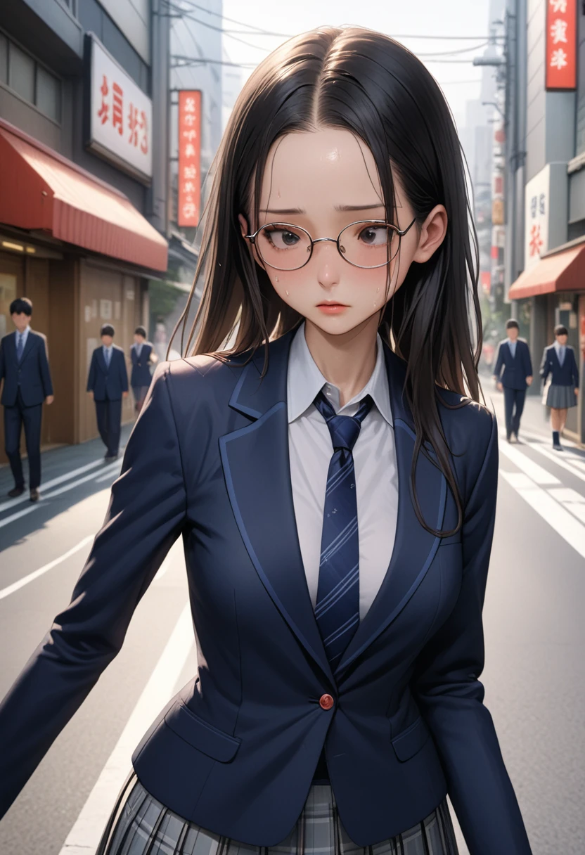 ((masterpiece,Highest quality:1.3,best illustration,realistic:0.8)),cowboy shot,1woman、独奏,25 year old Japanese beauty,((very small head:1.3)),center parted bangs,forehead,black hair,long hair,black eyes,gorgeous eyes,Black-rimmed glasses,shy,medium breasts,((very long body:1.3)),((toned body,slender body,skinny)),gleaming skin,shiny skin,oily skin,sweat,(School uniform、Dark blue blazer jacket、Navy blue tie、Grey plaid pleated mini skirt),on street,Tokyo、