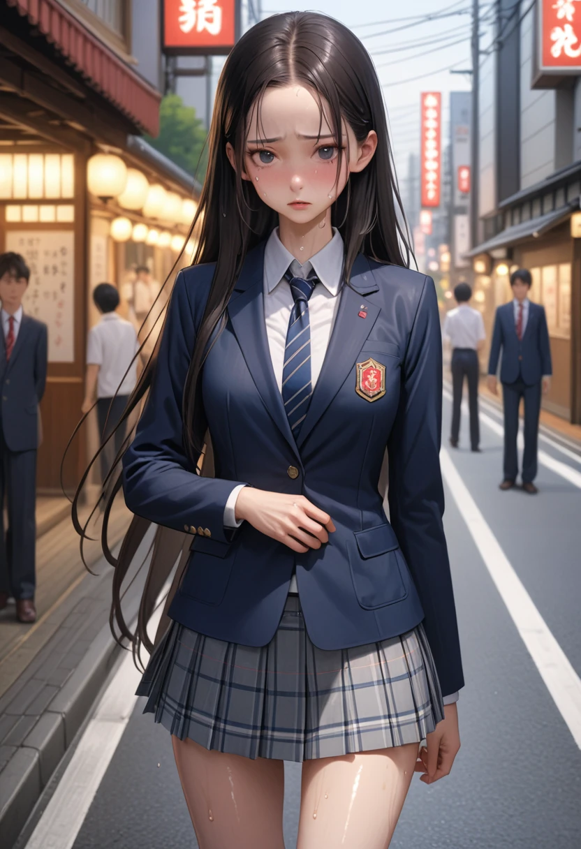 ((masterpiece,Highest quality:1.3,best illustration,realistic:0.8)),cowboy shot,1woman、独奏,25 year old Japanese beauty,((very small head:1.3)),center parted bangs,forehead,black hair,long hair,black eyes,gorgeous eyes,Black-rimmed glasses,shy,medium breasts,((very long body:1.3)),((toned body,slender body,skinny)),gleaming skin,shiny skin,oily skin,sweat,(School uniform、Dark blue blazer jacket、Navy blue tie、Grey plaid pleated mini skirt),on street,Tokyo、