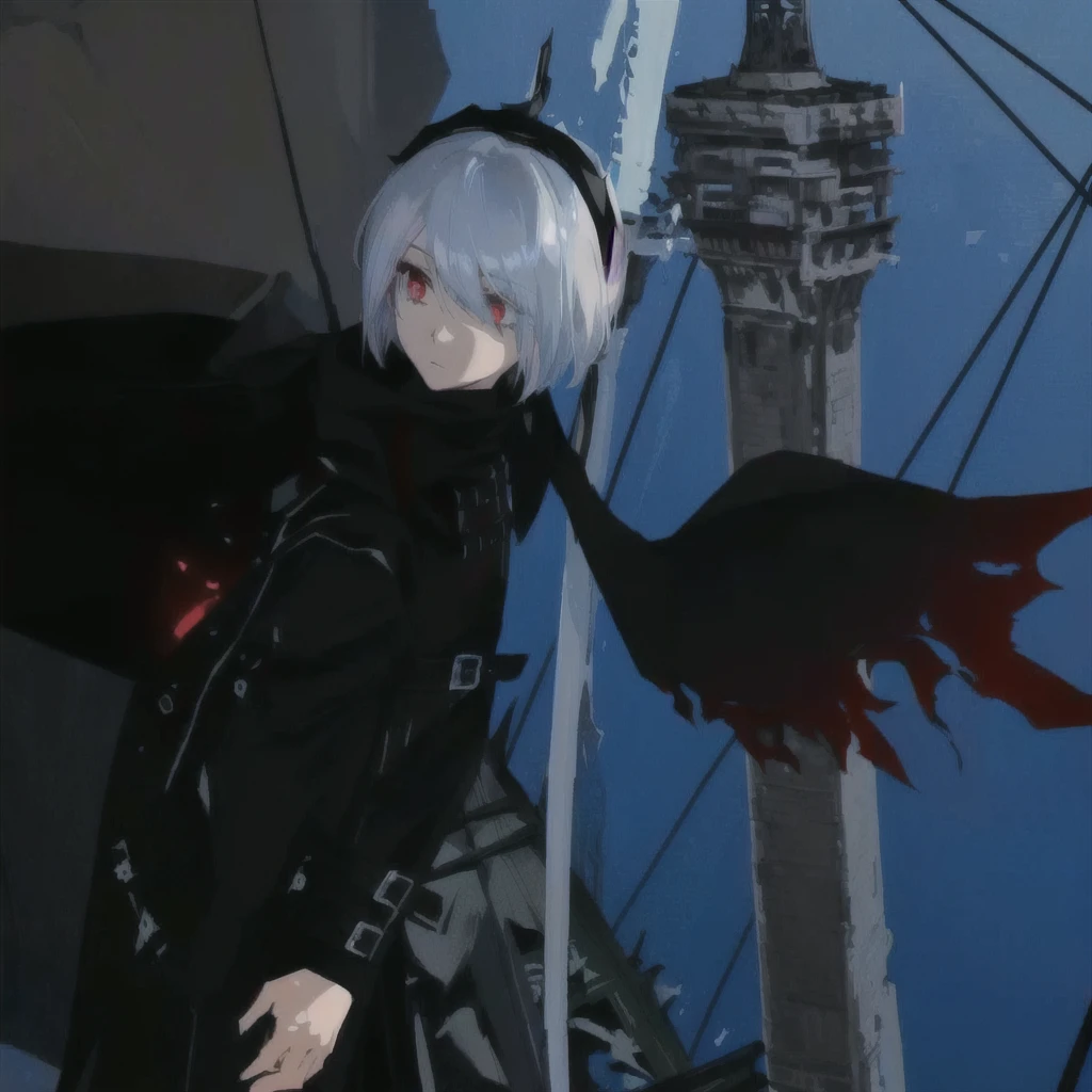 Anime character with white hair and black clothes standing next to a tall tower, with cape, Dark Cape, 2b, 2b ..., Grim Reaper in the Night!!!!, wearing black clothes and cape, Inspired by Hiro Yamagata, Wearing a cloak in a blown up plain, nier 2b ..., Wearing a black cloak, Final style + Fantasy + 1 5