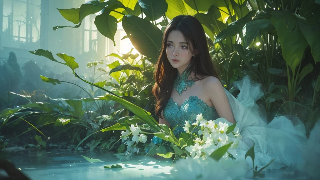 32k, Masterpiece, Highest quality, One girl, Brown Hair, Detailed eyes, flower,Amaryllis, Blue and green style,A dreamy, romantic piece,Pale yellow, Mysterious Leaves,A playful arrangement,Fantasy,High Contrast,Ink strokes,explosion,Exposure, Impression of blue and green tones,Abstract, Brush strokes,Negative Space, Tyndall effect, ((Watercolours by John Berkey and Jeremy Mann ))