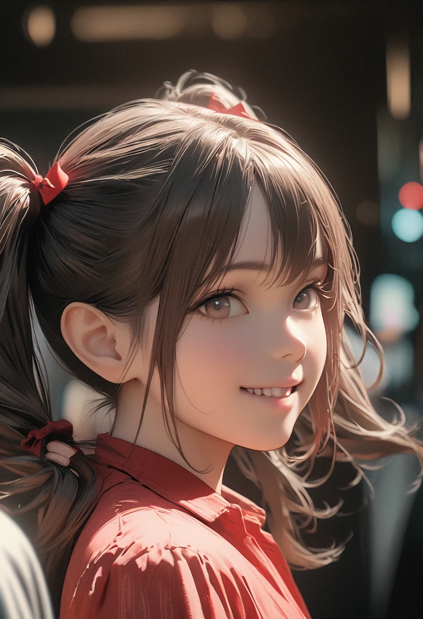Girl,Smile,Double ponytails,close up,Bow,Photo effects,Graininess,8K,Hyperrealism,Ultra-clear,masterpiece,