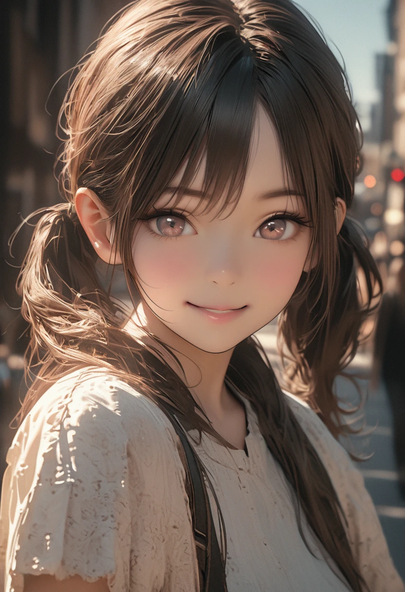 Girl,Smile,Double ponytails,close up,Bow,Photo effects,Graininess,8K,Hyperrealism,Ultra-clear,masterpiece,