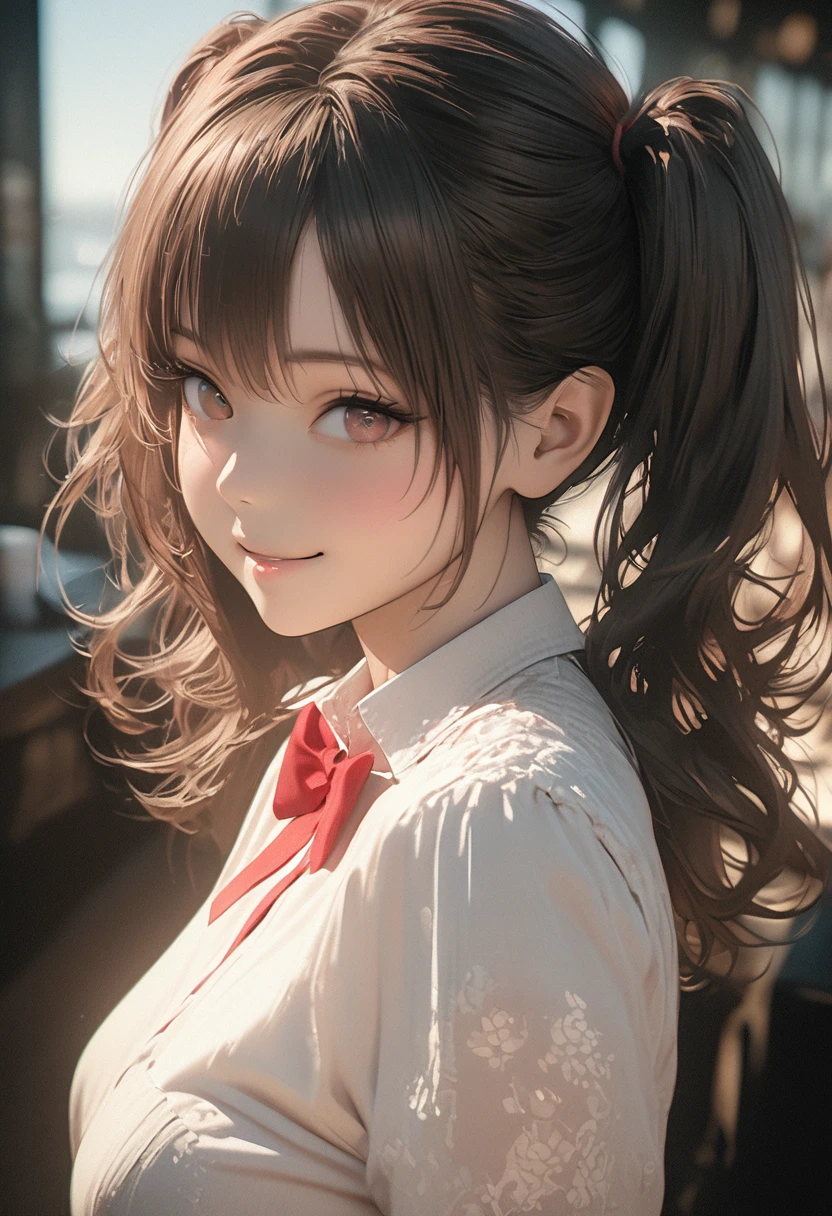 Girl,Smile,Double ponytails,close up,Bow,Photo effects,Graininess,8K,Hyperrealism,Ultra-clear,masterpiece,