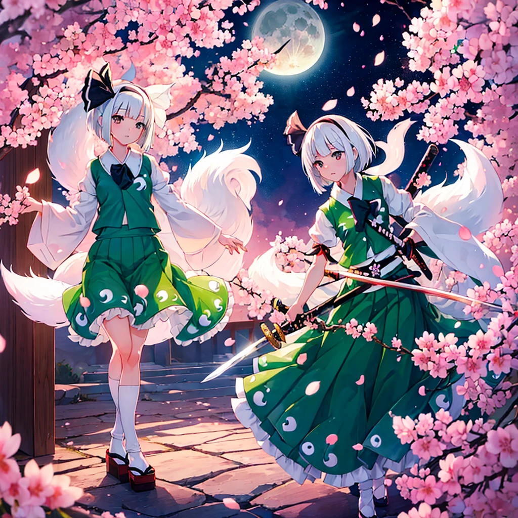 (((Konpaku Youmu)))　((Cherry Blossom　White fox fire　Japanese sword))　(night　star　full moon)　Shining Edge　Shining Background