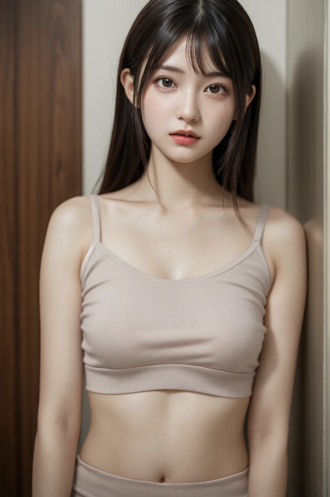 Highly detailed CG Unity 8k wallpaper, Highest quality, Ultra-detailed, Tabletop, Realistic, Like the picture, Highly detailed cute girl, Age 25, Round eyes, Audience, blush, Part your lips, Upper Body , (Underarm) , (Sweat) , camisole , Bathroom