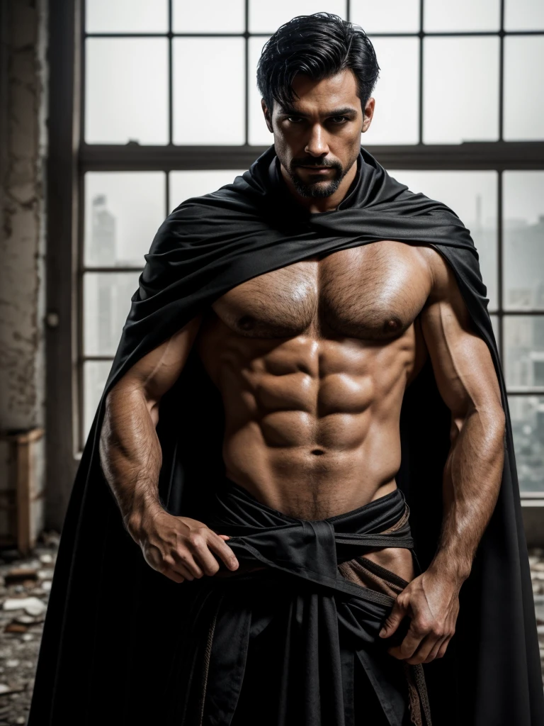 1 men, handsome american man, drinking water from a gallon, focus only, 25 years old, toned body, short goatee, medium black hair, intricate assassin costume, with a black cape on one shoulder, with some broken armor pieces on the body, Lean and muscular body, dark shaped eyes, work of art, ultra HD, 8K detalhes insanos, realisitic, face detailed, Detailed texture skin, nblurry background, 8K, cinematic lighting. He is in an abandoned place, little empty place, with several boards on the windows, sld is in an abandoned office room, he is hiding. Ultra HD scenery, 8K