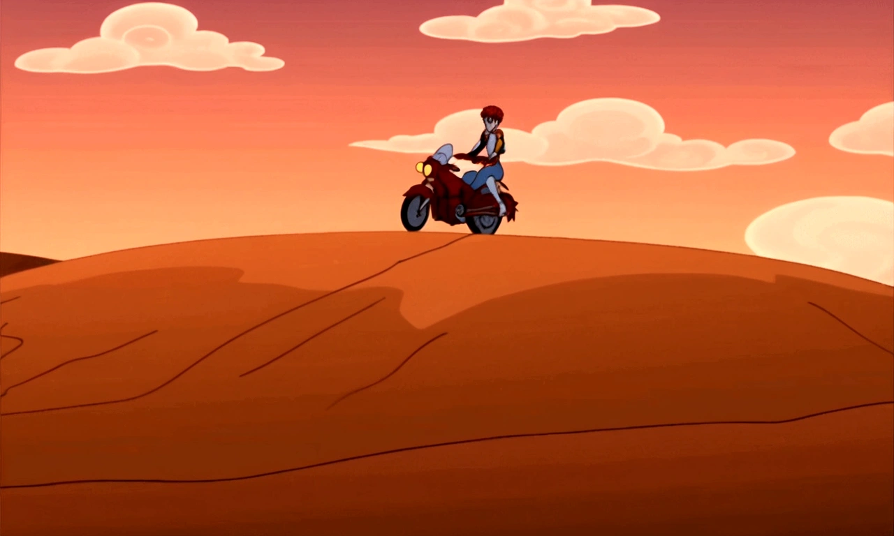 there is a woman riding a motorcycle on a hill in the desert, random background scene, mad max fury road style, animation still screencap, animated movie shot, fury road, in mad max style, from evangelion, animated movie scene, animated film still