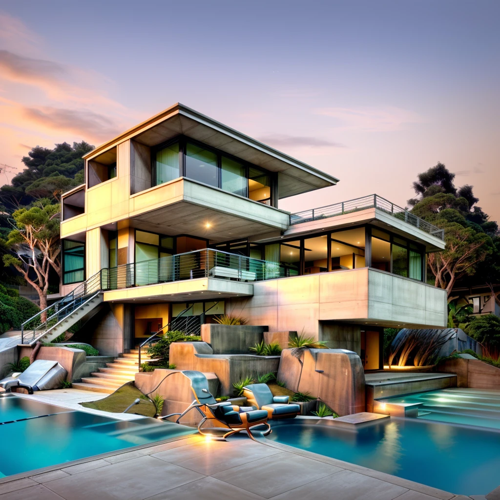 MODERN HOUSE located on the upper hill, ((curly road street in front of the house)), black & white concrete, glass windows, curtain wall, (((small swimming pool under the house))), (pine forest), rocky, (small waterfall under 1st floor), (SUNSET)