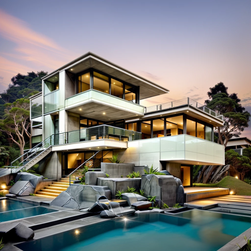 MODERN HOUSE located on the upper hill, ((curly road street in front of the house)), black & white concrete, glass windows, curtain wall, (((small swimming pool under the house))), (pine forest), rocky, (small waterfall under 1st floor), (SUNSET)