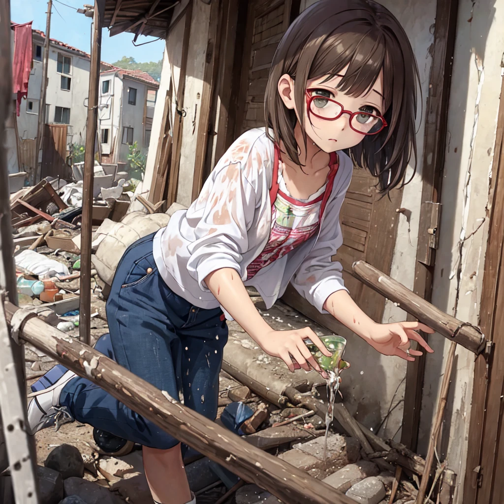 Surprise expression、soaked、Glasses、NFSW、Wandering the slums、Tattered clothes、Torn and muddy、傾いたGlasses
