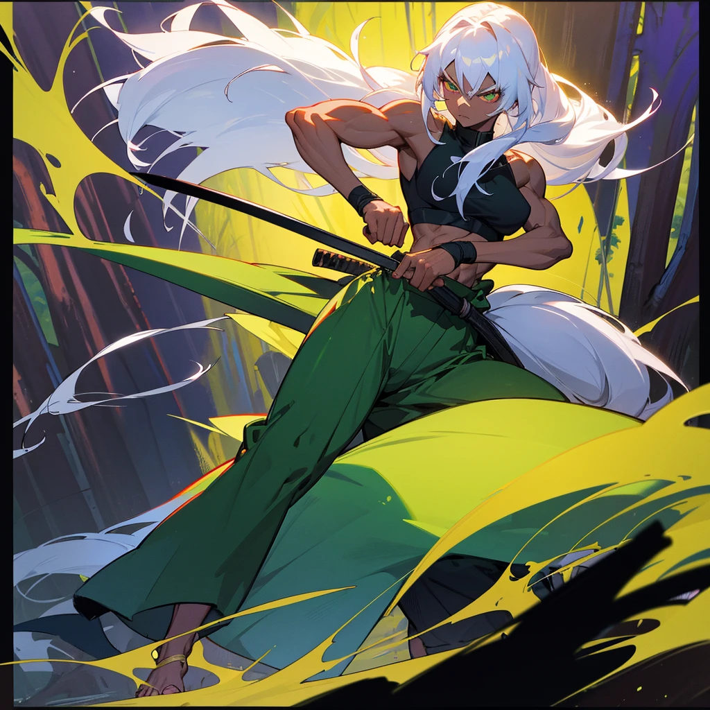 Dark-skinned woman, long white hair, vibrant emerald eyes, wearing a black sports bra, black baggy martial arts pants. Anime artstyle. In a forest at night. Holding a silver katana. Bare feet. best quality, perfect muscular body, looking at viewer, kendo stance, serious face, foot focus