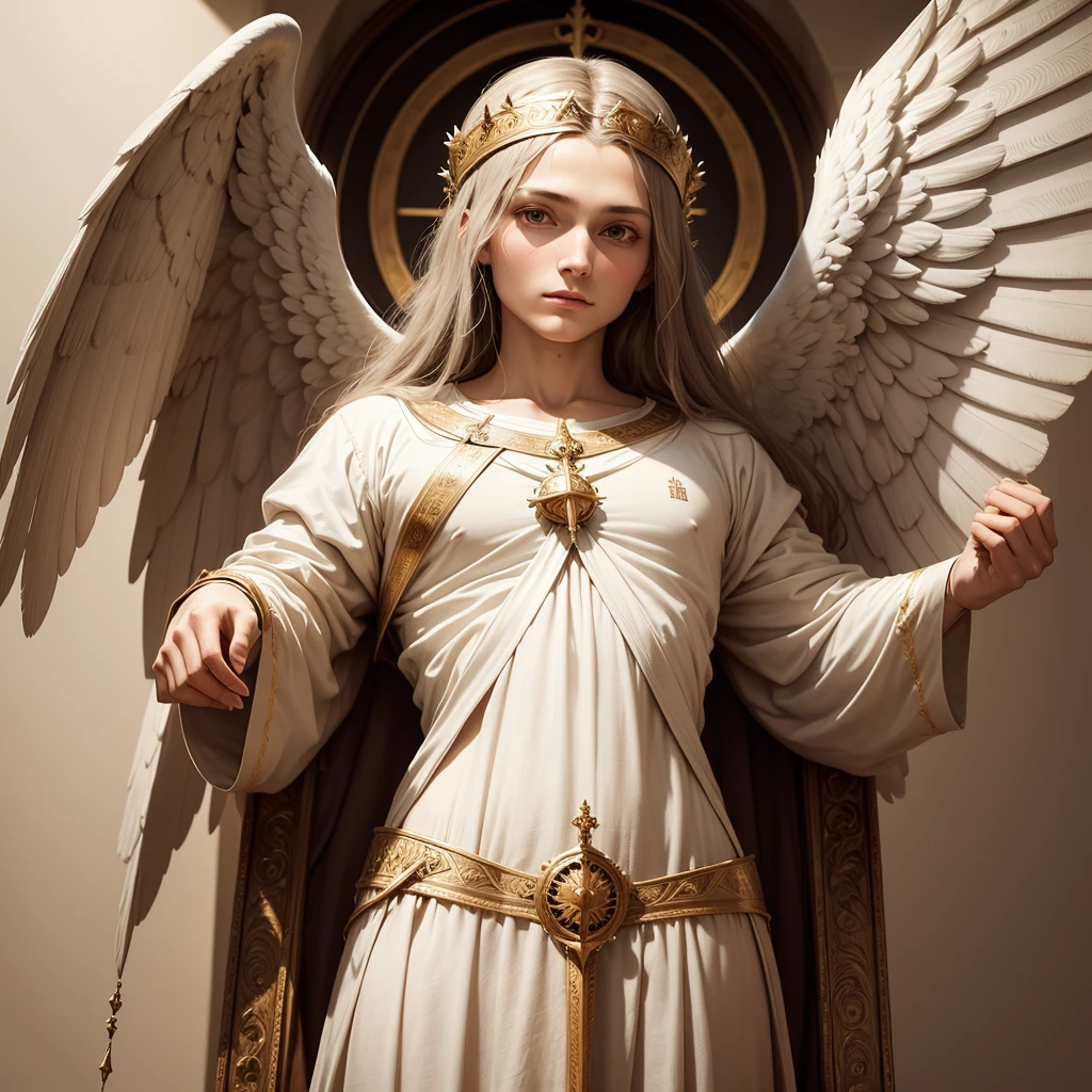 A biblical archangel, of the Christian religion, made in the style of Leonardo da Vinci as dictated by Christianity, in front position, on a white background looking towards me spreading its 4 wings, erect and facing me, with garments similar to those of Jerusalem, with clothing similar to those worn in the era of Jesus and the angel is seen in the art style of Leonardo da Vinci