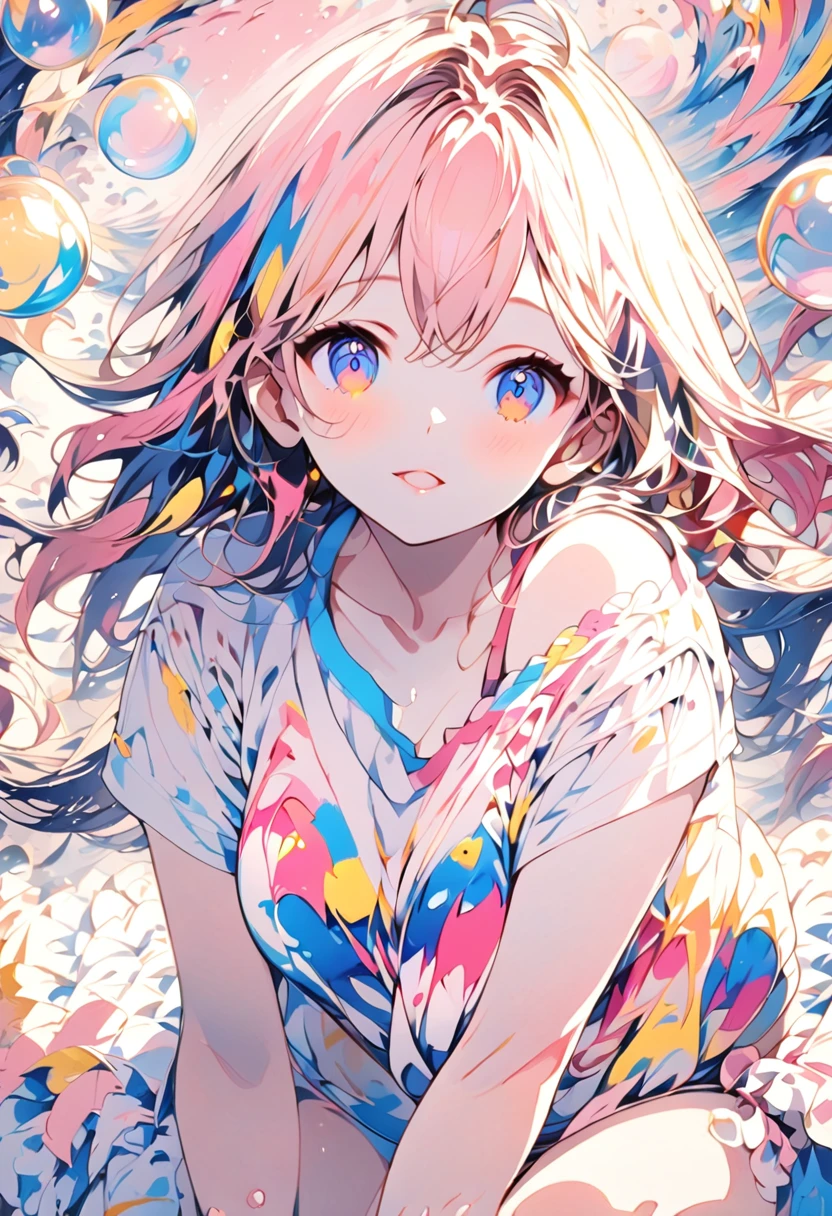Momoko Sakura Style、8K quality、Intense watercolor, detailedな水彩アート, Watercolor splash, Surreal, Avant-garde pop art, Beautiful and expressive paintings, Beautiful artwork illustration, Very colorful tones, wonderful, Cool Beauty, Highest quality、Official Art, Vector art, Stylish design, (((The most beautiful two oversized Y-shirt and underwear girls))), (((Highest quality))), High resolution, ((detailed)), (((Doodle Art)), ((masterpiece)), ((Super detailed)), (((Colorful soap bubbles))),(((Underwear Fashion))),(((((Two Girls)))))