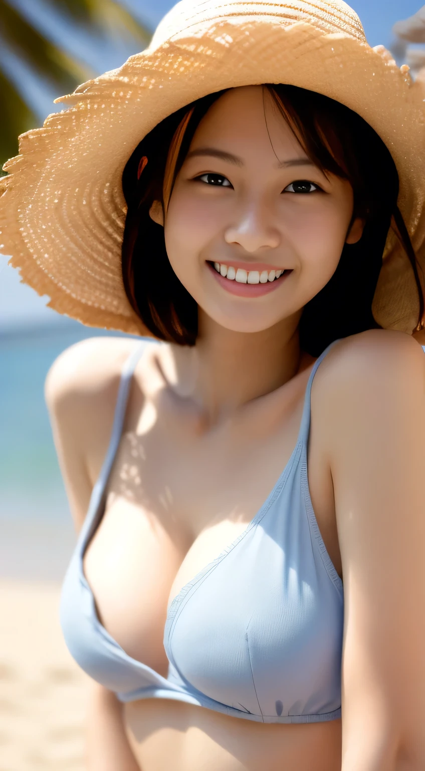 masterpiece,best quality,(Japanese ),((Beautiful girl)),cleavage,(perfect body beauty:1.2),(shy smile),beautiful teeth,(straw hat),(seaside),
