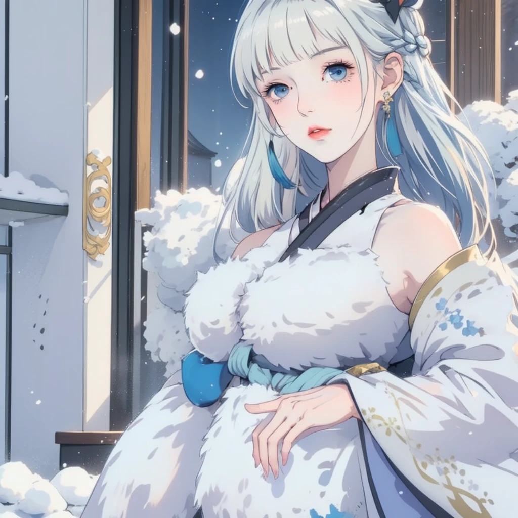 Anime girl in the snow, Beautiful anime girl, anime style 4k, Beautiful anime woman, Beautiful anime, beautiful anime girl, flowing hair, anime waifu wearing beautiful clothes, Beautiful anime style, Attractive anime girl, Beautiful anime artwork, anime wallpaper 4k, HD anime wallpaper,Yuki Onna, 1girl, japanese kimono, bare shoulder, light blue hair, extremely long hair, blue eyes, hair ornament, blue ribbon, blue earring, medium chest