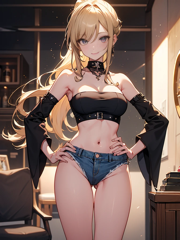 (highest quality, High resolution, perfect pixel, Depth of bounds written, 4K), upper body, (chair), (looking down), (detailed eyes), (1 lady), tall, (skinny body:1.2), (thin thighs:1.2), (Narrow hips:1.2), (black tube tops:1.4), bellybutton, sleeveless, middle breasts, (blond hair), (ponytail:1.2), (standing:1.2),  (denim skirt:1.2), (panty strap), (right hand on hips:1.2), (left hand behind head:1.2), contrapposto, (seductive smile), 