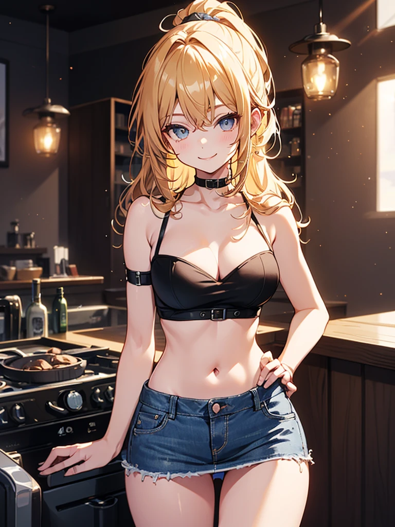 (highest quality, High resolution, perfect pixel, Depth of bounds written, 4K), upper body, (chair), (looking down), (detailed eyes), (1 lady), tall, (skinny body:1.2), (thin thighs:1.2), (Narrow hips:1.2), (black tube tops:1.4), bellybutton, sleeveless, middle breasts, (blond hair), (ponytail:1.2), (standing:1.2),  (denim skirt:1.2), (panty strap), (right hand on hips:1.2), (left hand behind head:1.2), contrapposto, (seductive smile), 