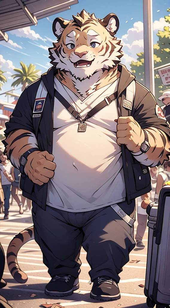 Tiger personification、high school student、A happy look、masterpiece、Highest quality、Detailed Background、amusement park