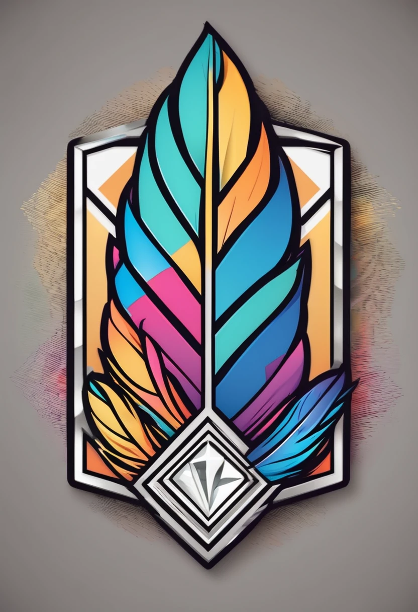 logo, diamond shape 3 colored feathers, highlight in colors, creative, inside a circle, and a brush in the background