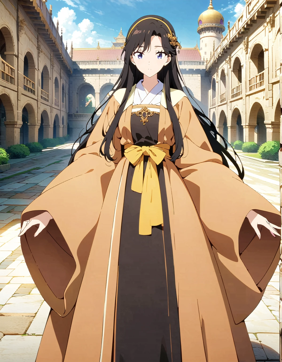 (超detailedなイラスト:1.2),Very delicate and beautiful,非常にdetailed,CG,Unity,8k wallpaper,wonderful,detailed,masterpiece,The best quality in the best condition,Official Art,非常にdetailed CG 8k Unbelievably ridiculous resolution,Beautiful and exquisite,High resolution,非常にdetailedな目と顔,A cartoon character in an orange and black dress stands in a courtyard, Anime Moe Art Style, Flowing hair and long robes, Roomy robes, palace , Girl in Hanfu, Official Art, wearing Roomy robes, Black-haired wizard, Fate-like anime style/Stay Night, ((wearing a noble robe)),