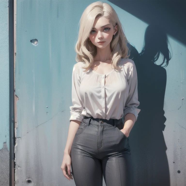 arafed woman in a white shirt and grey pants standing in front of a blue wall, kirsi salonen, magdalena andersson, wearing a blouse, magdalena radziej, wearing a white blouse, moleksandra shchaslyva, niele toroni, photo of džesika devic, serena malyon