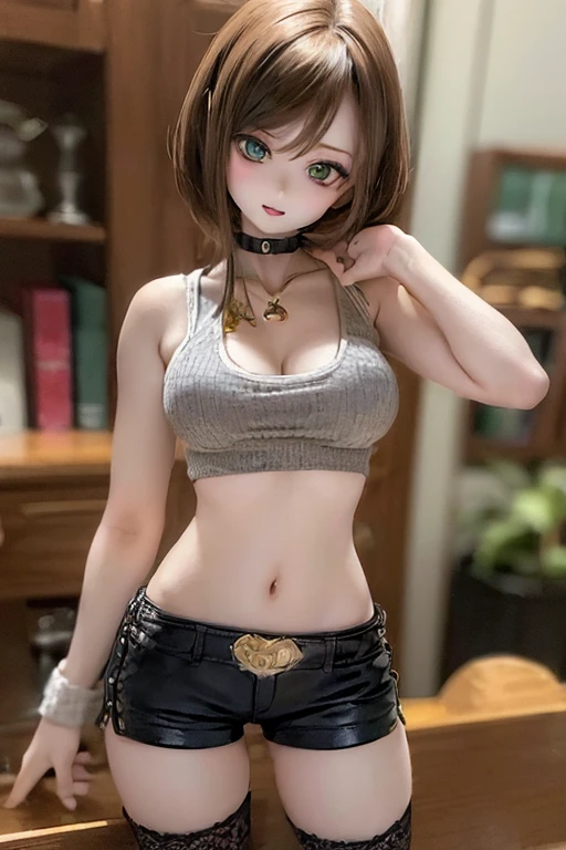 (SFW:2), photorealistic, realistic photo, ((highest quality)), ((masterpiece)), (extremely detailed), kukolnydom, doll, (mature woman, 22yo, 22 years old:1.6), solo, ((magazine cover, dynamic pose)), (skinny, slender, slim, navel, parted lips), green eyes, brown hair, (looking at another, gradient eyes, shining eyes, detailed eyes, detailed face:1.3), tank top, hot pants, choker, room, 8k