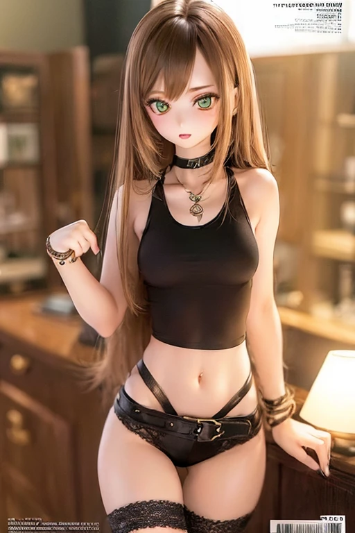 (SFW:2), photorealistic, realistic photo, ((highest quality)), ((masterpiece)), (extremely detailed), kukolnydom, doll, (mature woman, 22yo, 22 years old:1.6), solo, ((magazine cover, dynamic pose)), (skinny, slender, slim, navel, parted lips), green eyes, brown hair, (looking at another, gradient eyes, shining eyes, detailed eyes, detailed face:1.3), tank top, hot pants, choker, room, 8k
