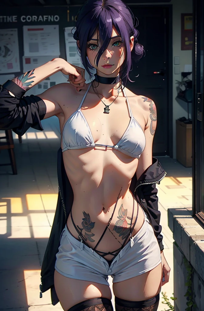 (very detailed background:1.0), (highly detailed background:1.0), (Masterpiece), High Quality, 1girl, woman, tattoo, irezumi, depth of field, dynamic lighting, high quality shadows, feminine, plunging neckline, breast curtains, Revealing clothes, , white dress, reze, purple hair