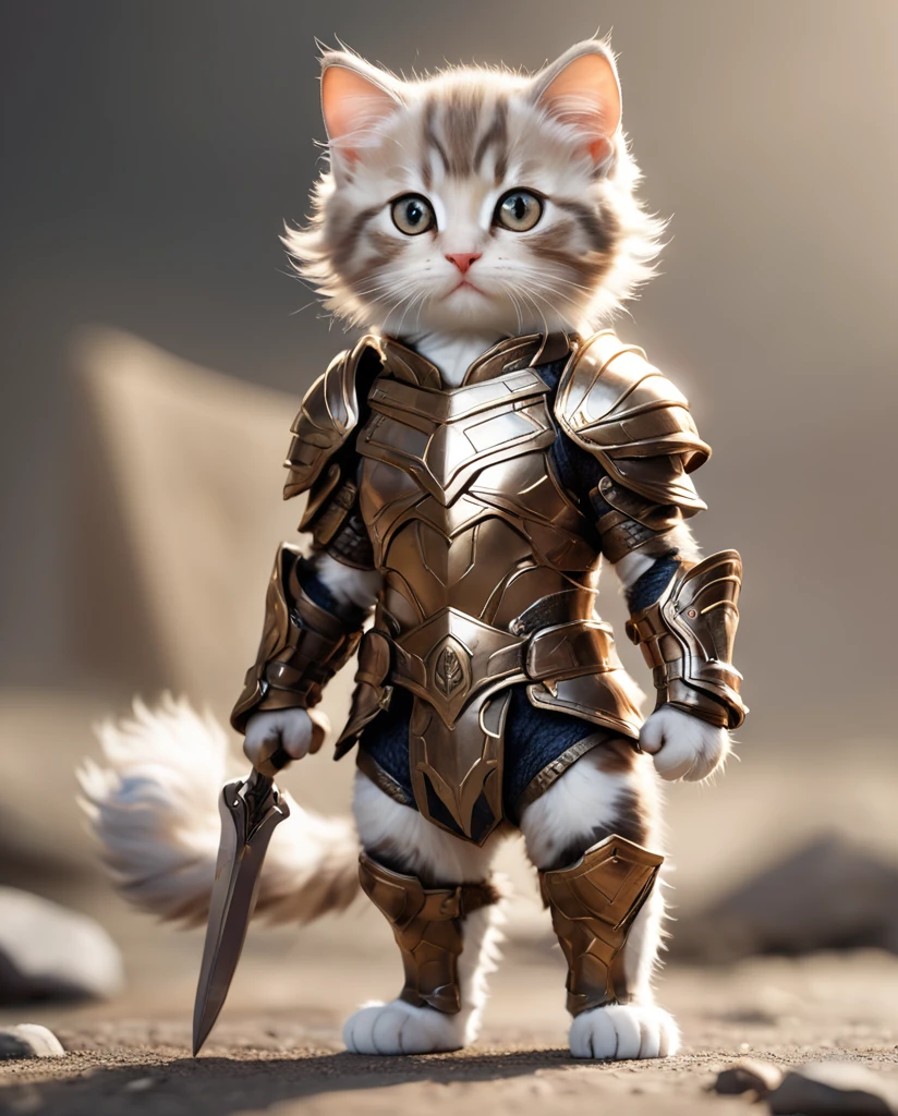 High-detail images American Curl Kitten Warrior Wearing armor Full Body Shot Looking straight at me