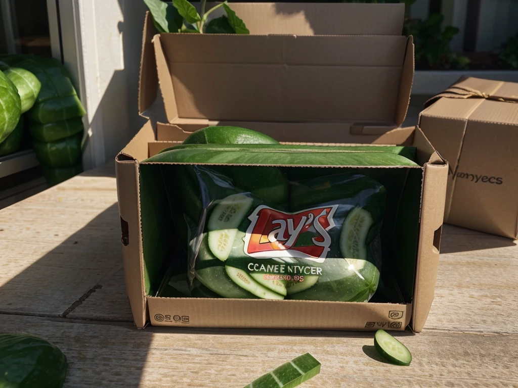 "Lay's" packaging with the taste of cucumber, Intricate Details, Daylight, High Detail, Shot On iPhone 15 Pro Max