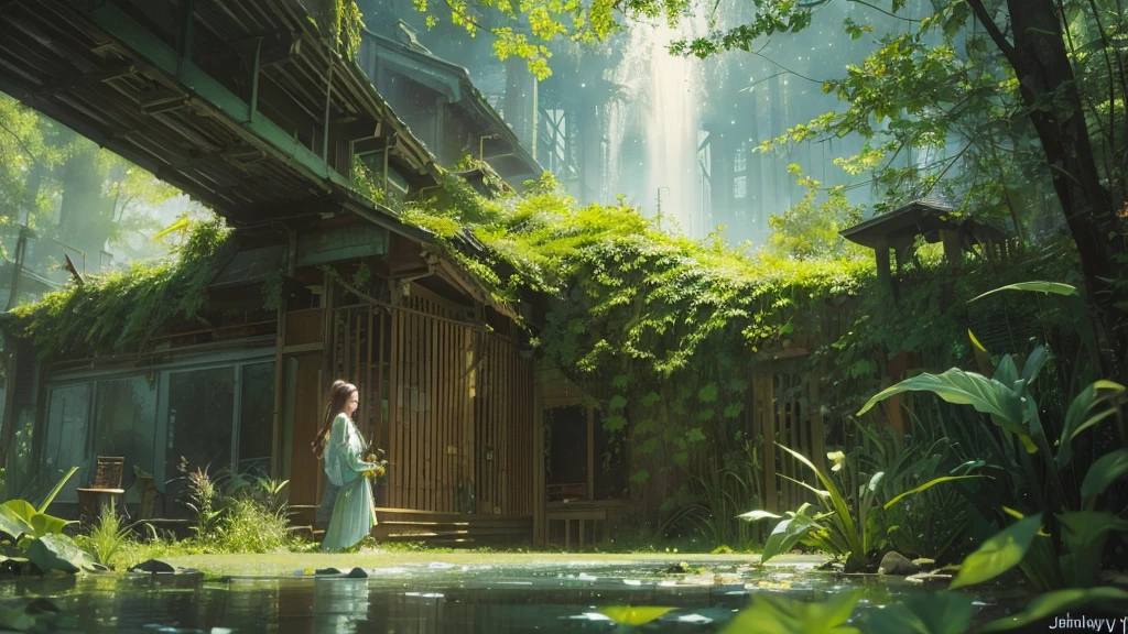 32k, Masterpiece, Highest quality, One girl, Brown Hair, Detailed eyes, flower,Amaryllis, Blue and green style,A dreamy, romantic piece,Pale yellow, Mysterious Leaves,A playful arrangement,Fantasy,High Contrast,Ink strokes,explosion,Exposure, Impression of blue and green tones,Abstract, Brush strokes,Negative Space, Tyndall effect, ((Watercolours by John Berkey and Jeremy Mann ))