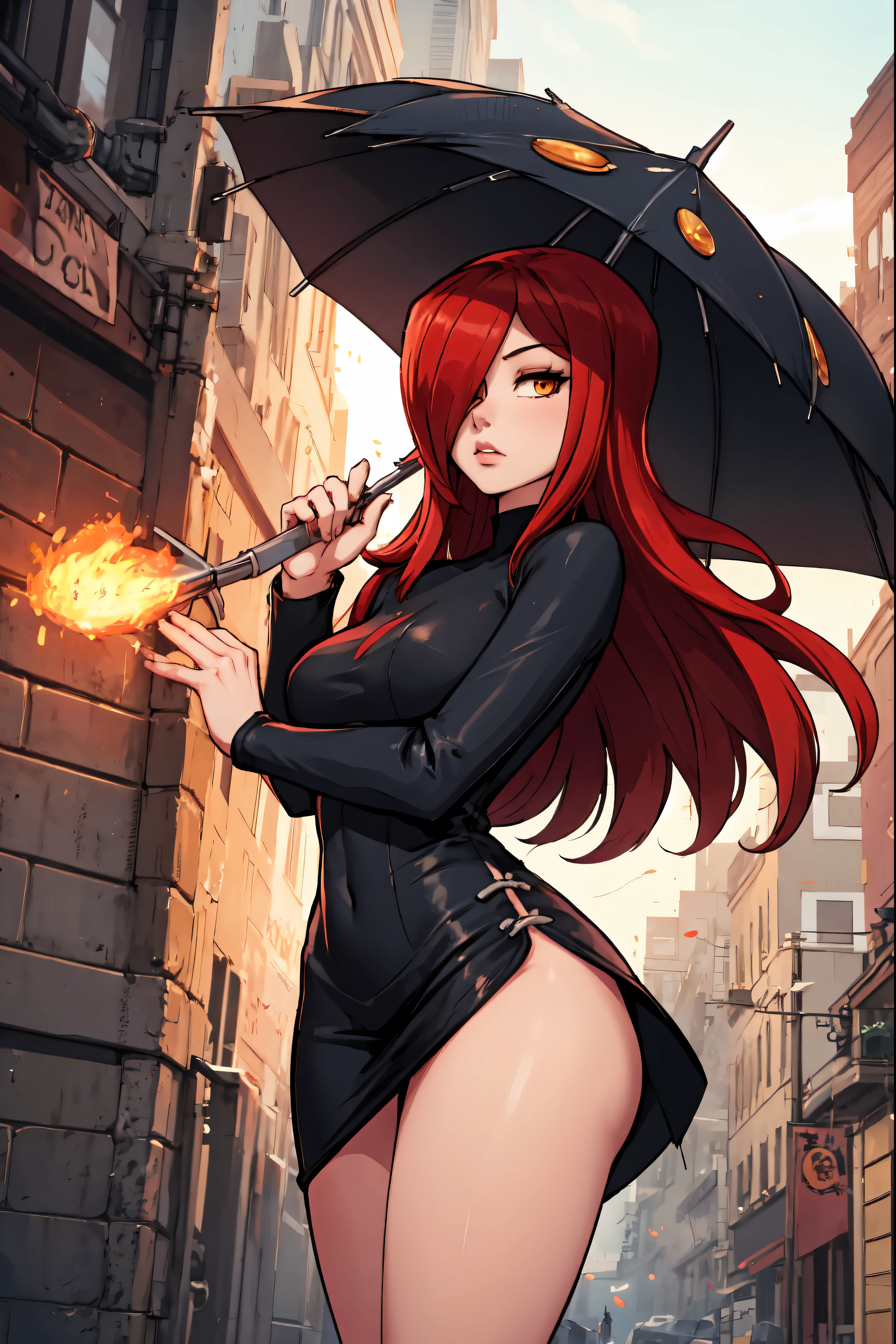 parasoul, 1girl, solo, long red hair, black clothes, holding umbrella, 1 umbrella, long and closed, in combat, movement, fire, very short dress, elegant, detailed background, battlefield, fencing pose , focus on the face, dynamic camera,