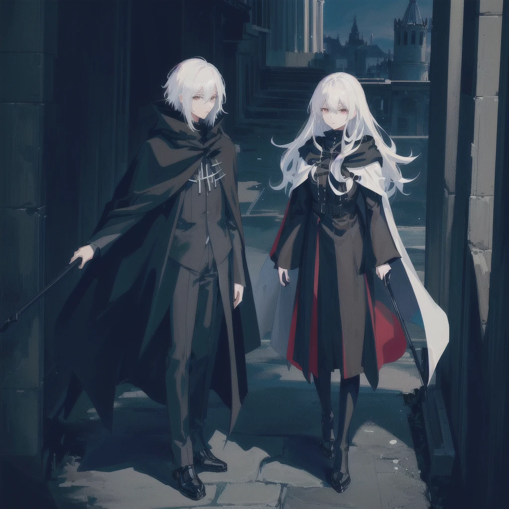 Anime character with white hair and black clothes standing next to a tall tower, with cape, Dark Cape, Grim Reaper in the Night!!!!, wearing black clothes and cape,  Wearing a cloak in a blown up plain,  Wearing a black cloak, 