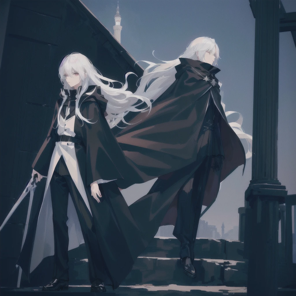 Anime character with white hair and black clothes standing next to a tall tower, with cape, Dark Cape, Grim Reaper in the Night!!!!, wearing black clothes and cape,  Wearing a cloak in a blown up plain,  Wearing a black cloak, 