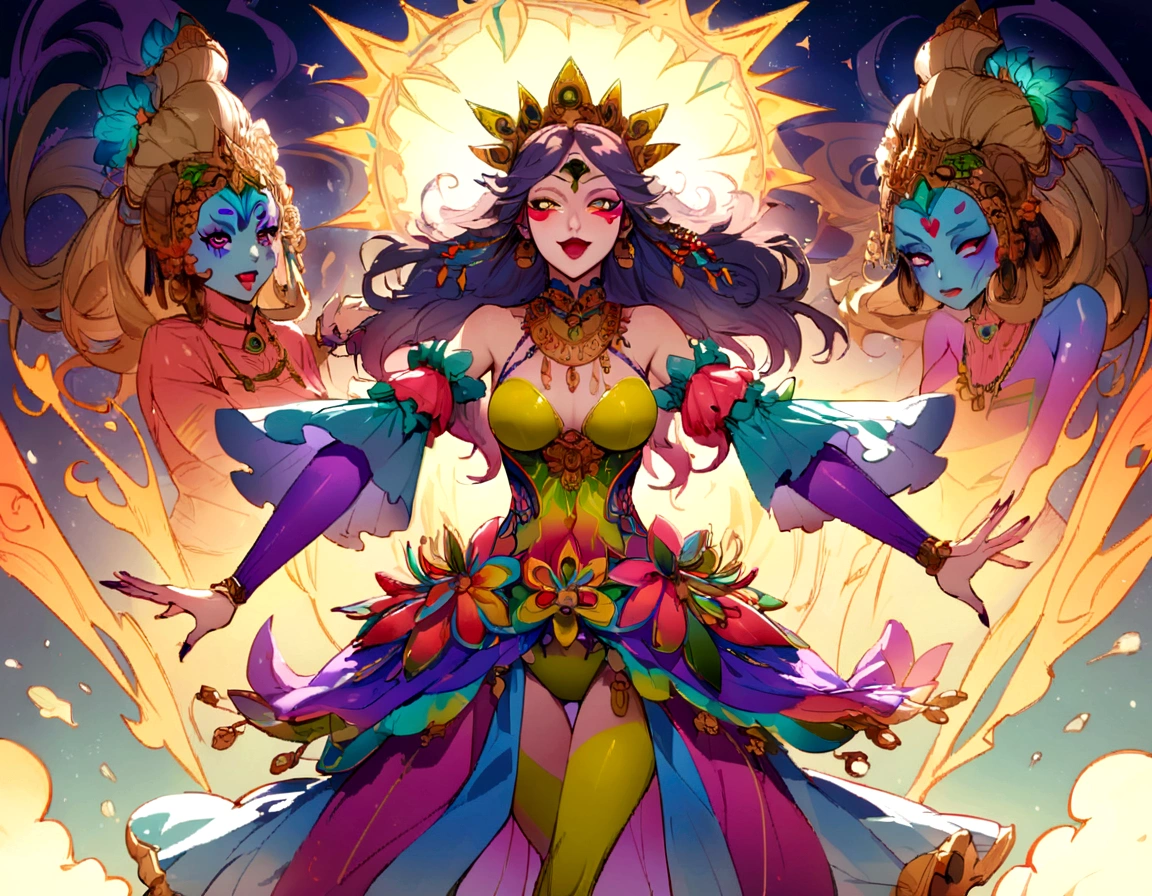 "(best quality, highres, ultra-detailed), 2 women, Desi, 40, average build, in colorful body paint,(playful, vibrant) jesters, wrestling for a crowd of rowdy aliens, in an(otherworldly) atmosphere,(fantastical, whimsical) outfits, (elaborate face makeup), (bright, vivid) colors, lively expressions, (dynamic poses), (mysterious, ethereal) lighting"