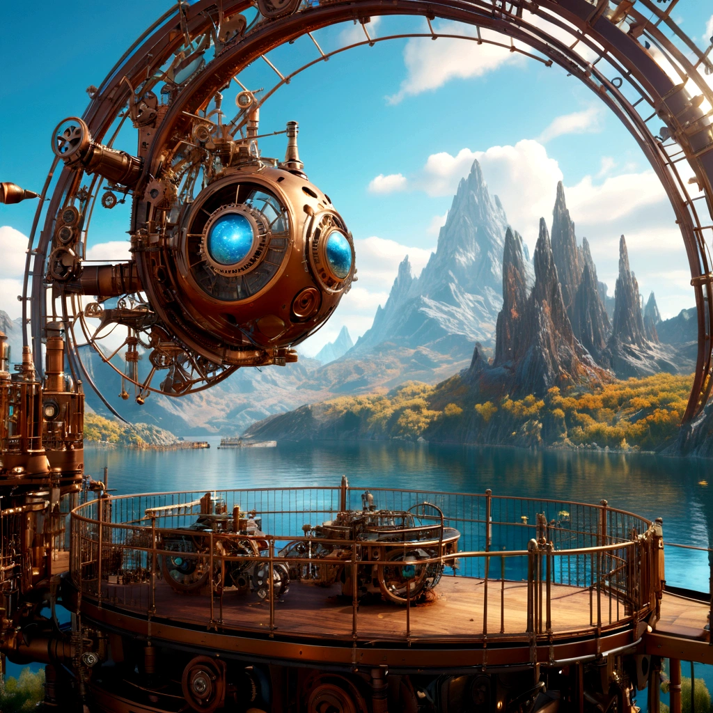 Hyper realistic 8k, ultra detailed. (hyperdetailing, dynamic camera), (wide angle), (Celestial Illumination), (Vivid colors and saturation) mechanical scaffolding, mechanical mountains, lake created by man, steampunk world, metal birds, artificial nature, nature in steampunk style