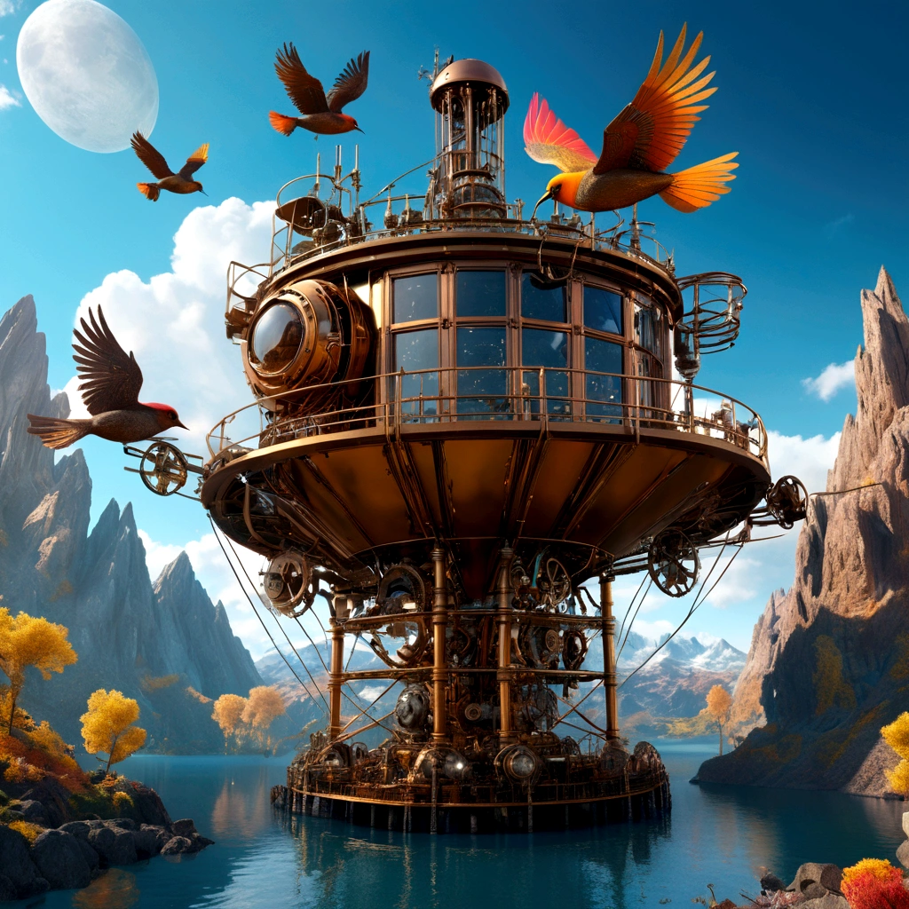 Hyper realistic 8k, ultra detailed. (hyperdetailing, dynamic camera), (wide angle), (Celestial Illumination), (Vivid colors and saturation) mechanical scaffolding, mechanical mountains, lake created by man, steampunk world, metal birds, artificial nature, nature in steampunk style