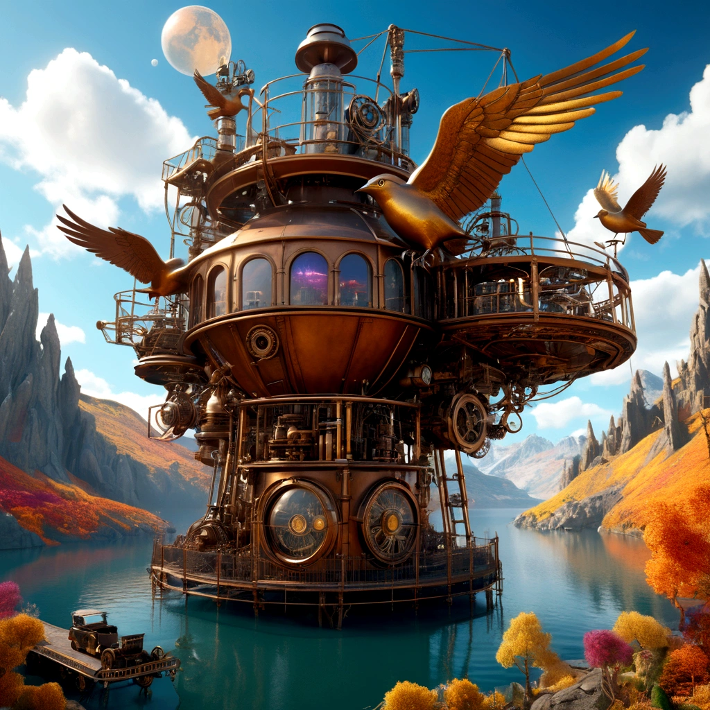 Hyper realistic 8k, ultra detailed. (hyperdetailing, dynamic camera), (wide angle), (Celestial Illumination), (Vivid colors and saturation) mechanical scaffolding, mechanical mountains, lake created by man, steampunk world, metal birds, artificial nature, nature in steampunk style