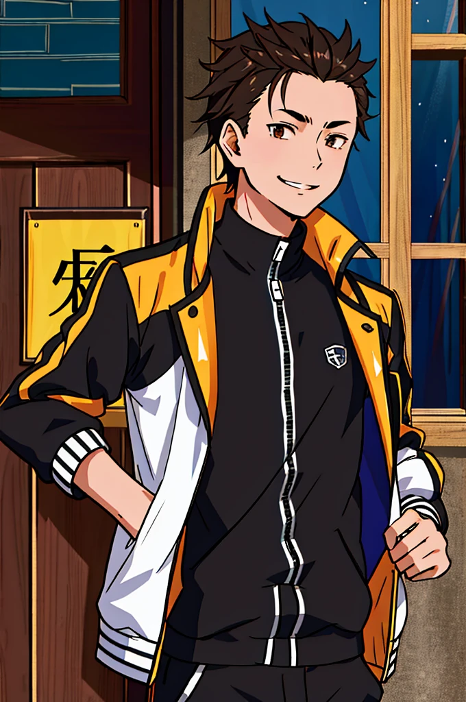 hight resolution, Sharp Focus, Pixiv masterpiece, ((Intricate details)), Highly detailed, natsuki_Subaru, 1boy, Brown eyes, Jacket, Upper body, Black hair, Smile, Track jacket, hair slicked back,