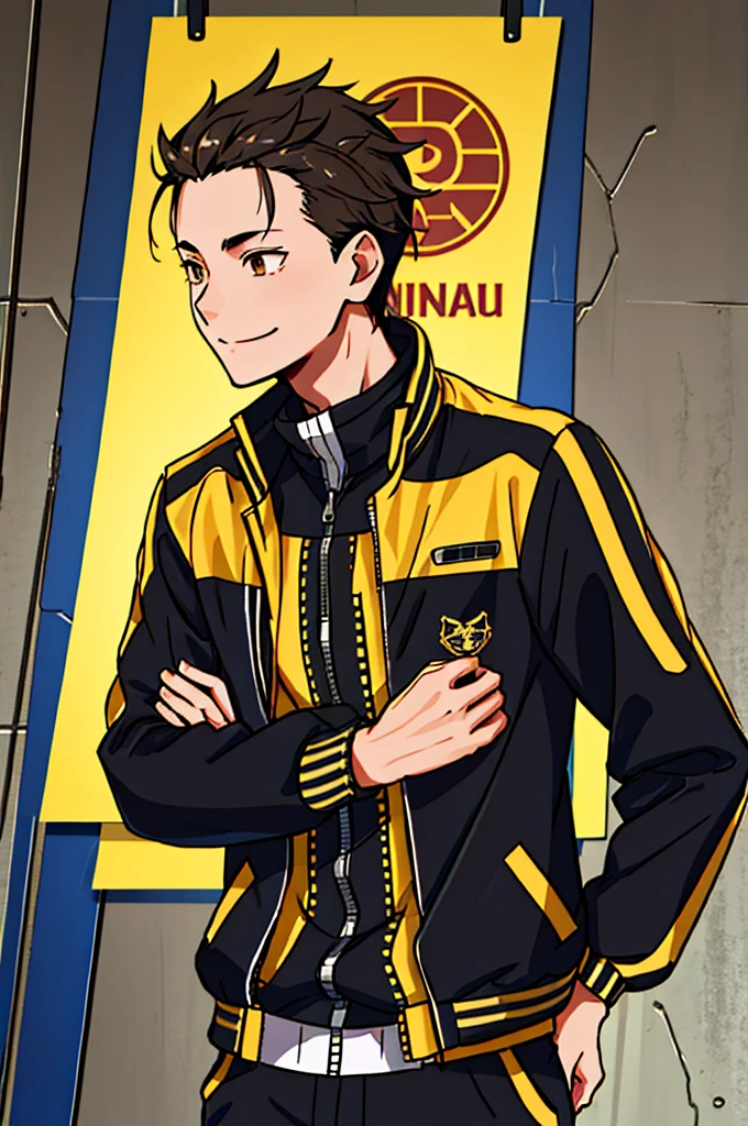 hight resolution, Sharp Focus, Pixiv masterpiece, ((Intricate details)), Highly detailed, natsuki_Subaru, 1boy, Brown eyes, Jacket, Upper body, Black hair, Smile, Track jacket, hair slicked back,