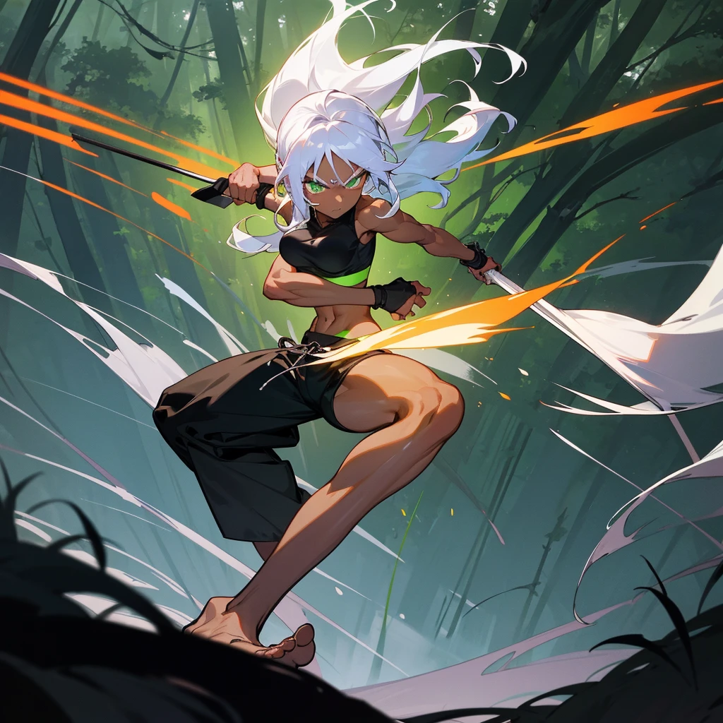 Dark-skinned woman, long white hair, vibrant green eyes, wearing a black sports bra, black baggy martial arts pants. Anime artstyle. In a forest at night. Bare feet. best quality, perfect muscular body, looking at viewer, martial arts stance, serious face, foot focus