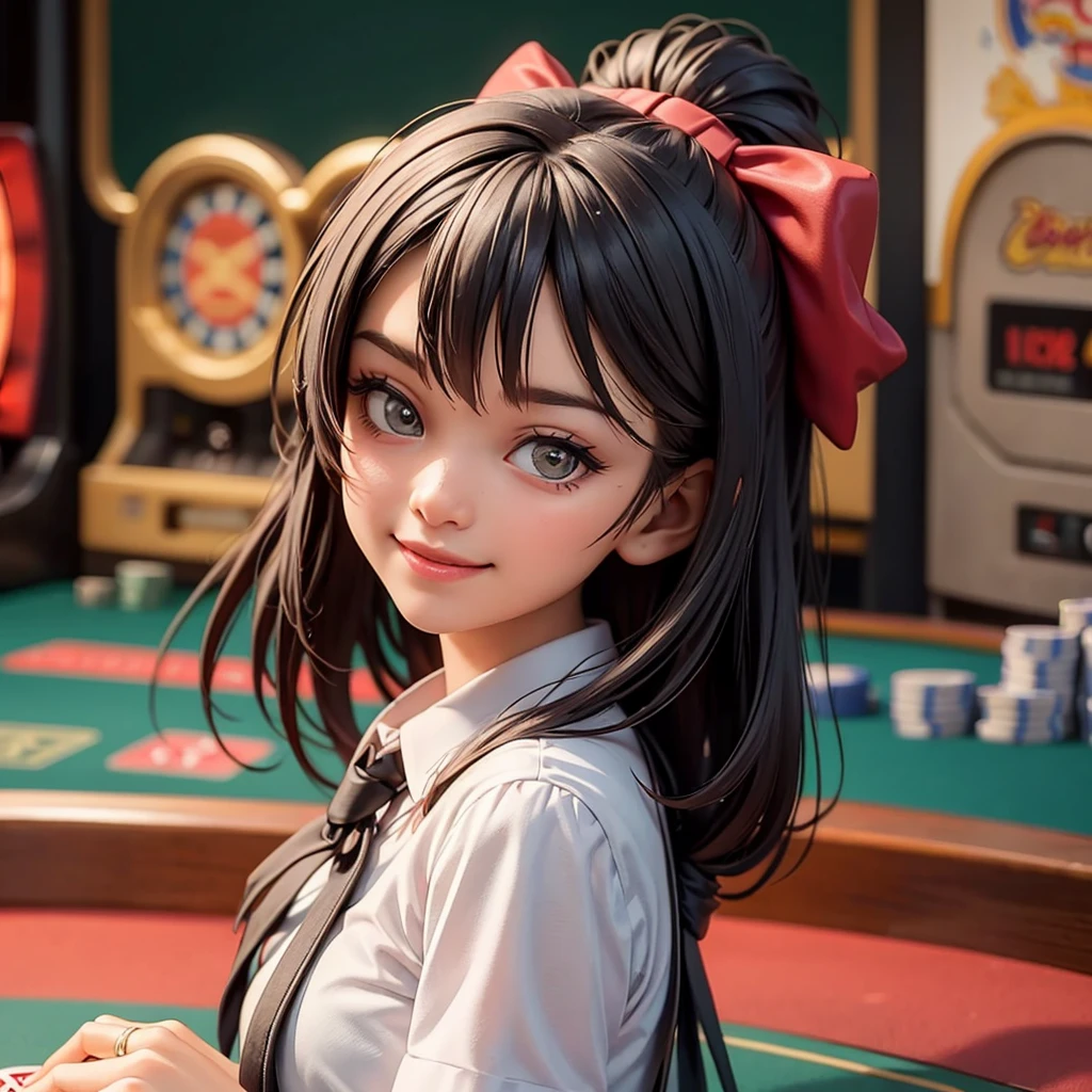 happy and smile, {{indonesian girl}}, {wearing high school uniform}, teasing and waiting customer play, standing, playing in casino, red casino background, polite and kind, Sweet Face, roulette table, poker table, big slot machines right and left, win jackpot, {{no headwear, no hat}}, private casino, crowded gambling area in background, so crowded, so many people, las vegas, american, illusions