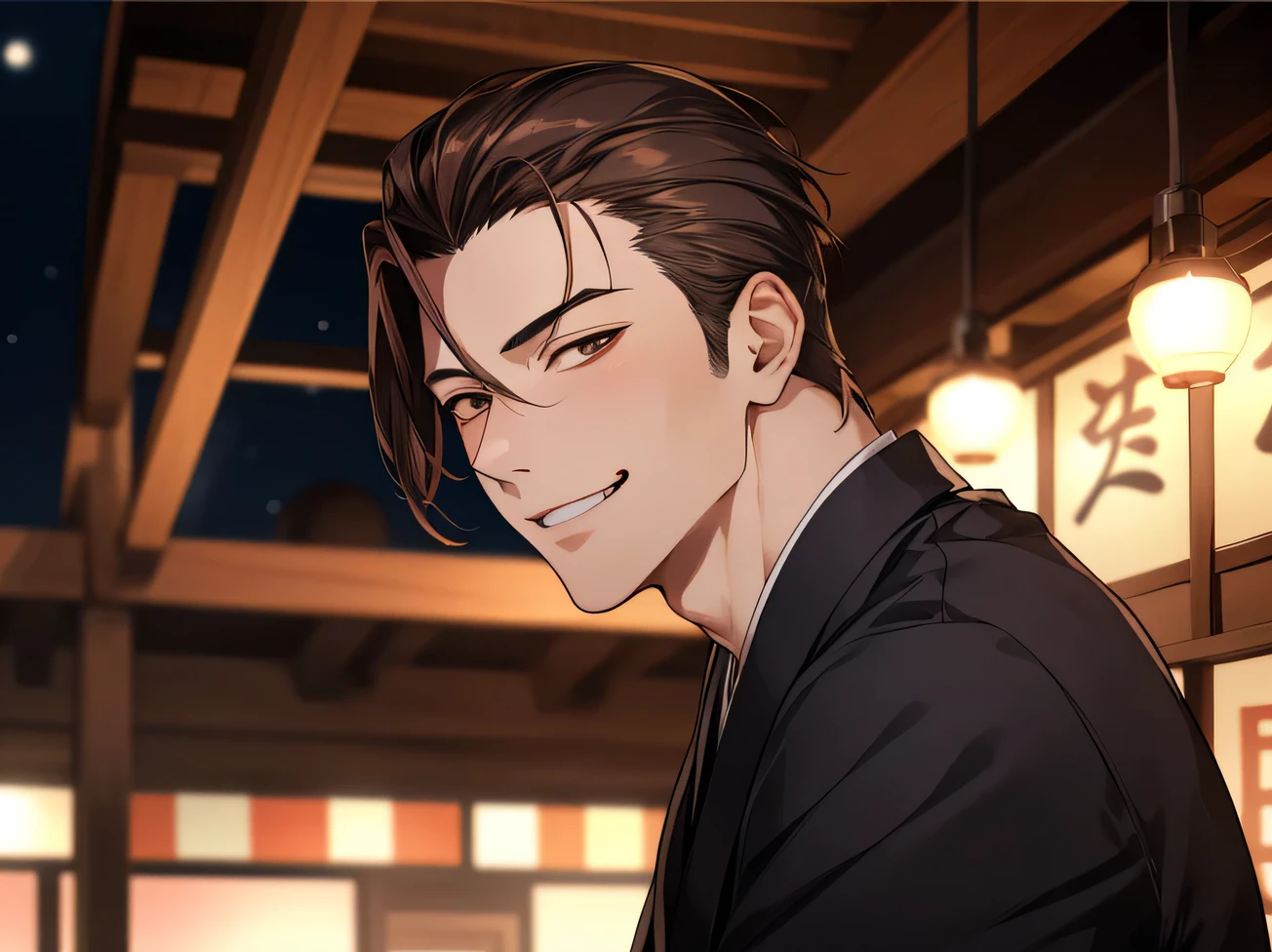 hair slicked back,masterpiece,Dynamic Angle,Face close-up,Angle from below,male, (29-year-old),(male1 person)、Izakaya shop owner,alone,Adult,A gentle smile,Excited,Brown Hair,(Droopy eyes),Lewd Eyes,Black suit,(kimono),,smile,Izakaya,night
