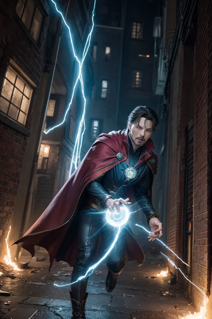 In an alley in Metropolis, a portal opens and Doctor Strange emerges as a determined expression