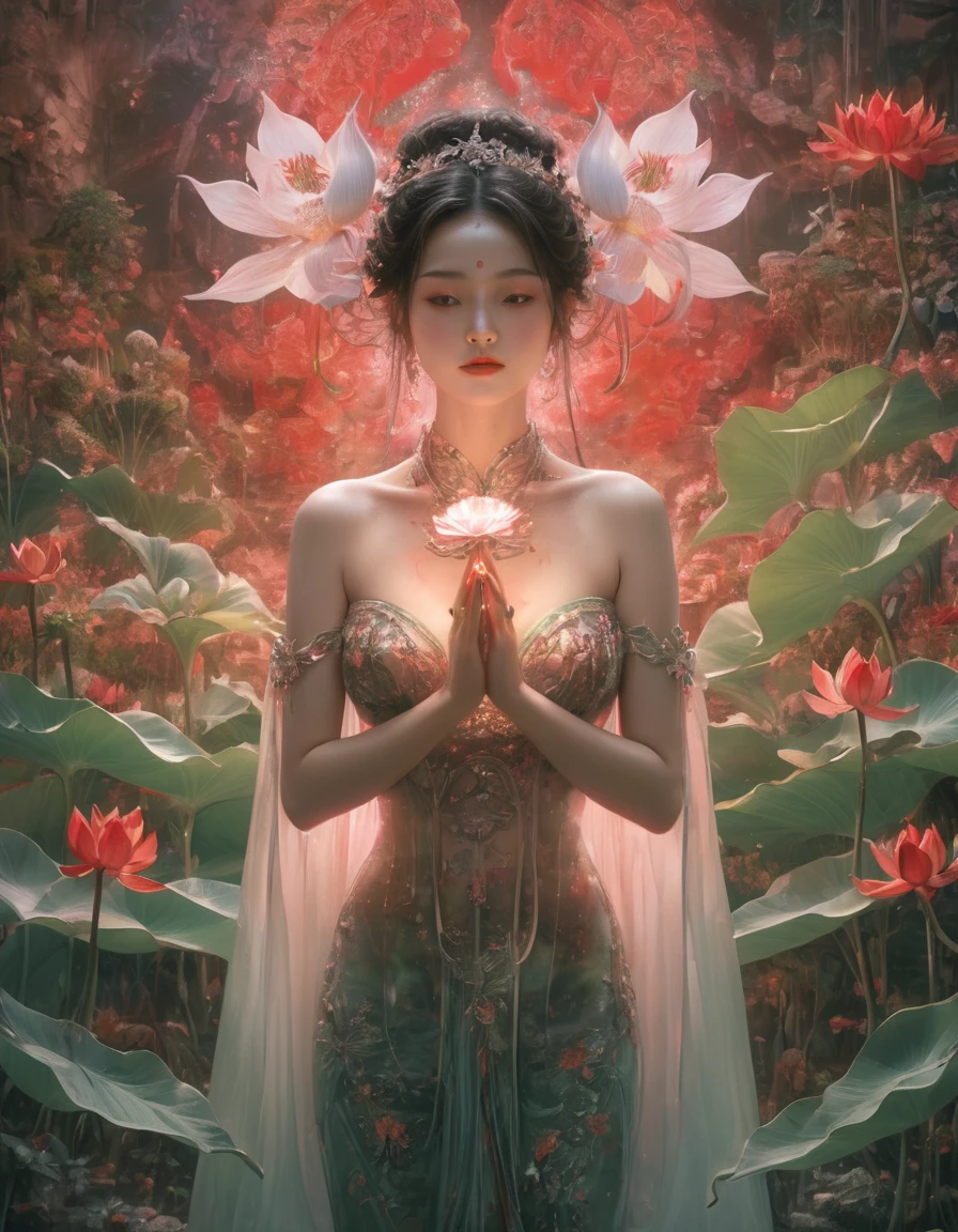 Full-body photo of a courtesan in lotus position，Praying with palms together、Anatomically correct,born, Cinematic shots, (Sharp focus:1.5), (Realistic:1.4), dusk lighting, (Look this way）、（Front facing）、Volumetric lighting, Ultra-high resolution, 16K,Dramatic lighting, Abstract background：1.5）（Tangleた，Datura stramonium，Holding a heart light in your hand、Tangle，Intertwined：0.7）witch，Red kimono, Foxfire spells, conversion, Depth of written boundary, A fantastic atmosphere, The most beautiful form of chaos, Elegance, Fauvist Design Dark Theme, flowers of death, flowers of ecstasy，Glowing Lines,Glow Example，Tracking example，flash， Backlight，translucent，Particles of light,hill，exit