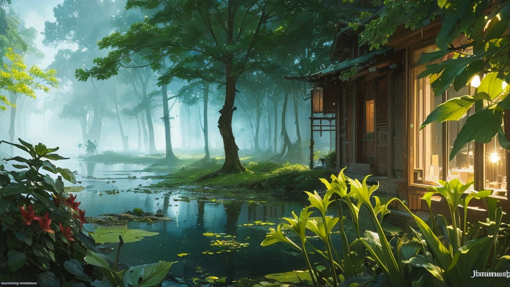 32k, Masterpiece, Highest quality, One girl, Brown Hair, Detailed eyes, flower,Amaryllis, Blue and green style,A dreamy, romantic piece,Pale yellow, Mysterious Leaves,A playful arrangement,Fantasy,High Contrast,Ink strokes,explosion,Exposure, Impression of blue and green tones,Abstract, Brush strokes,Negative Space, Tyndall effect, ((Watercolours by John Berkey and Jeremy Mann ))