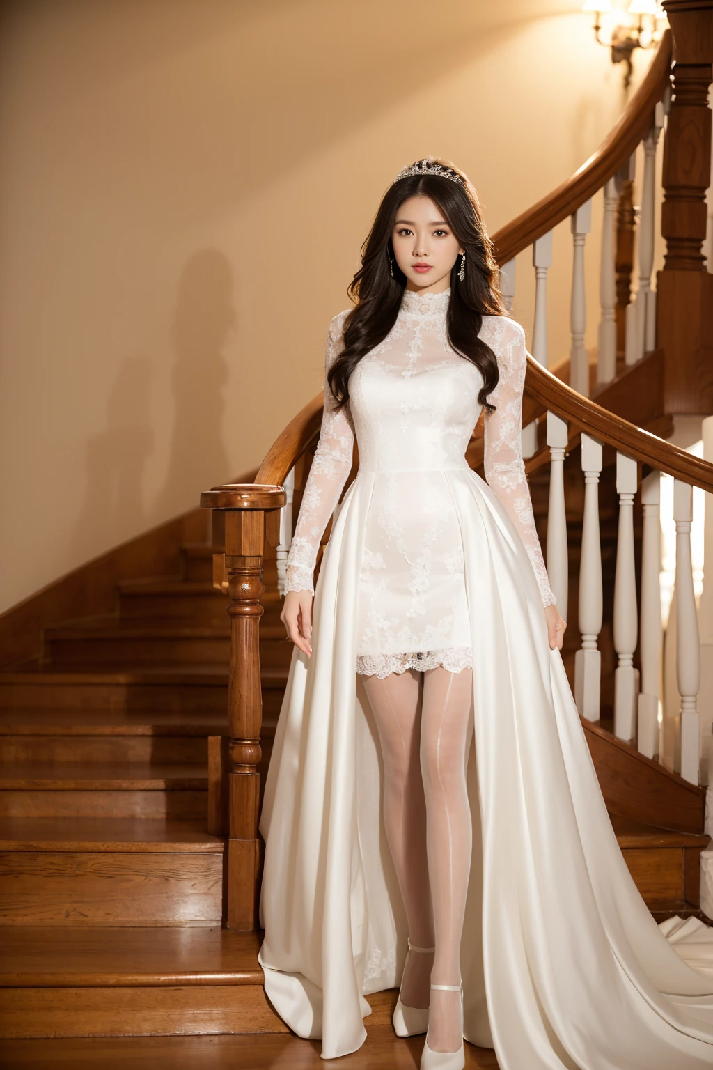 (8K,tmasterpiece,RAW photos,best qualtiy,the detail:1.2),Korean female model,Height 175 cm,perfect bodies,Long legs,wavy and long hair,Standing on wooden stairs in wedding dress, emaciated wedding dress, sexy gown, long wedding dress, full - length view, fantasy long intricate gown, white turtleneck lace dress, an elegant woman in white wedding dress, full lenght shot, sophisticated dress,((Pantyhose)),Ray tracing,Full body portrait