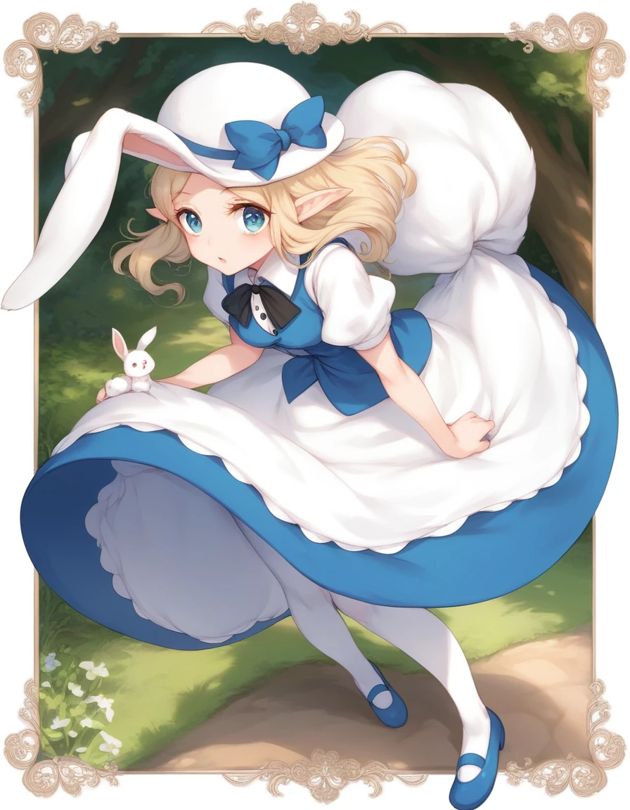 BREAK Perfect Anatomy、(High resolution:1.2)、Incredible illustrations、(Cute illustrations:1.2)、(Beautiful background) White Rabbit(Alice in Wonderland),(a girl,Elf 1.5meters, 40kg)(Bunny girl,vest,silk hat),Full body view